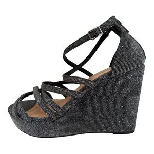 Torrid Silver Glitter Black Shimmering Strappy Wedges Size 12WW